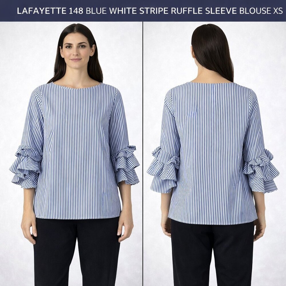 Lafayette 148 Blue and White Relaxed Ruffled Blouse Size XS